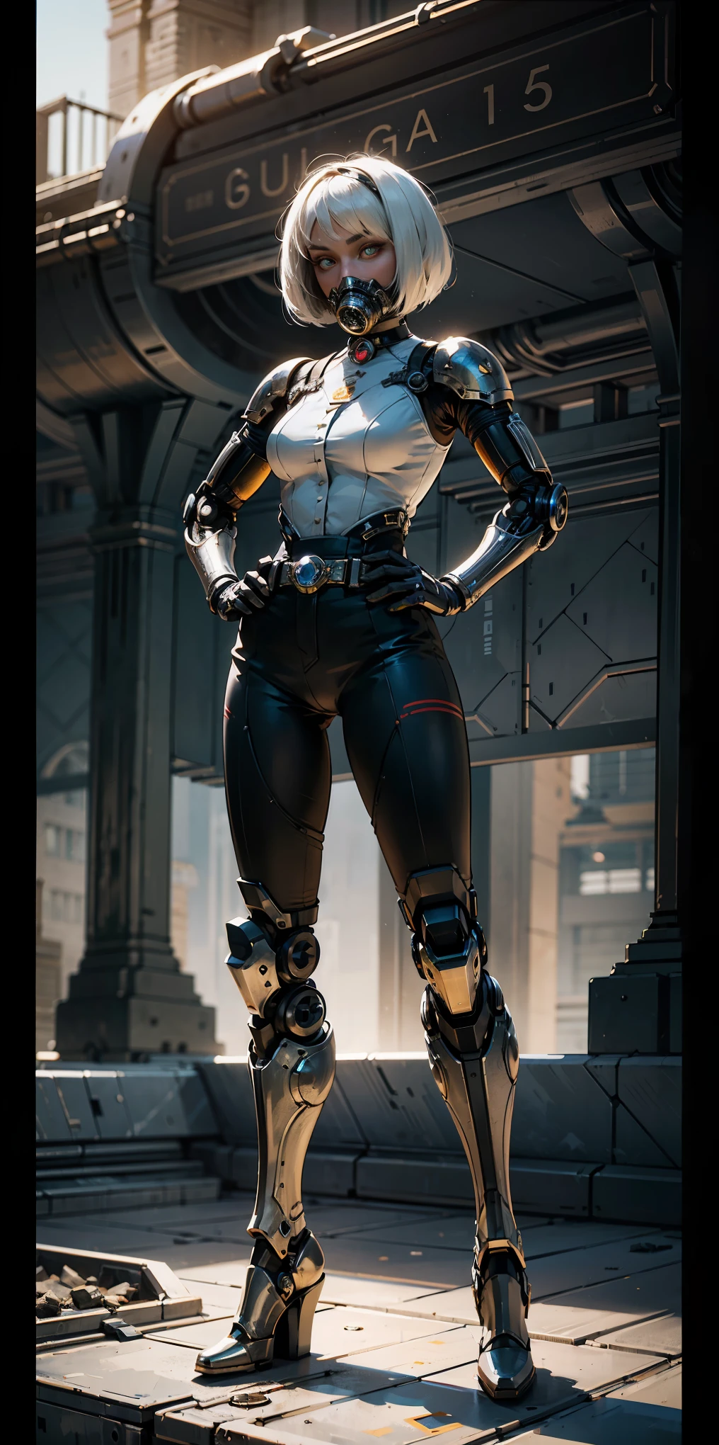 (masterpiece:1.2,high quality), 1girl, ((ultra realistic details)), global illumination, shadows, Unreal Engine, octane render, 8k, ultra sharp, metal, intricate, ornaments detailed, highly intricate details, yellow eyes, (mechanical body:1.2), white hair, (black gas mask), Gear, bob cut, hundreds of wires, Terran, (Robot, android:1.15), Apocalypse, broken buildings, full body, whole body. 1solo (girl). standing, hands on hips full body, whole body. choker, big belt, view from below, feet together, bracers, tiara