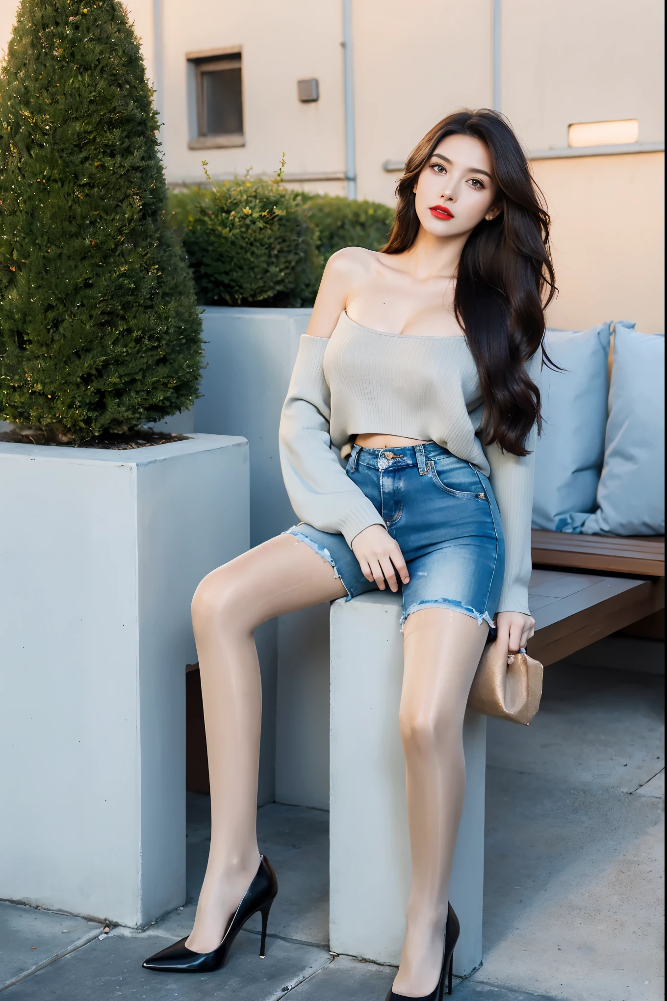 best quality, full body portrait, delicate face, pretty face, -yeld wo, slim figure, big bust, Wearing a long-sleeved sweater，Wear denim shorts，Stiletto high heels，wavy long hair，On the rooftop，big eyes，red lips，Heavy makeup，Ultra-thin flesh color，A group of women together