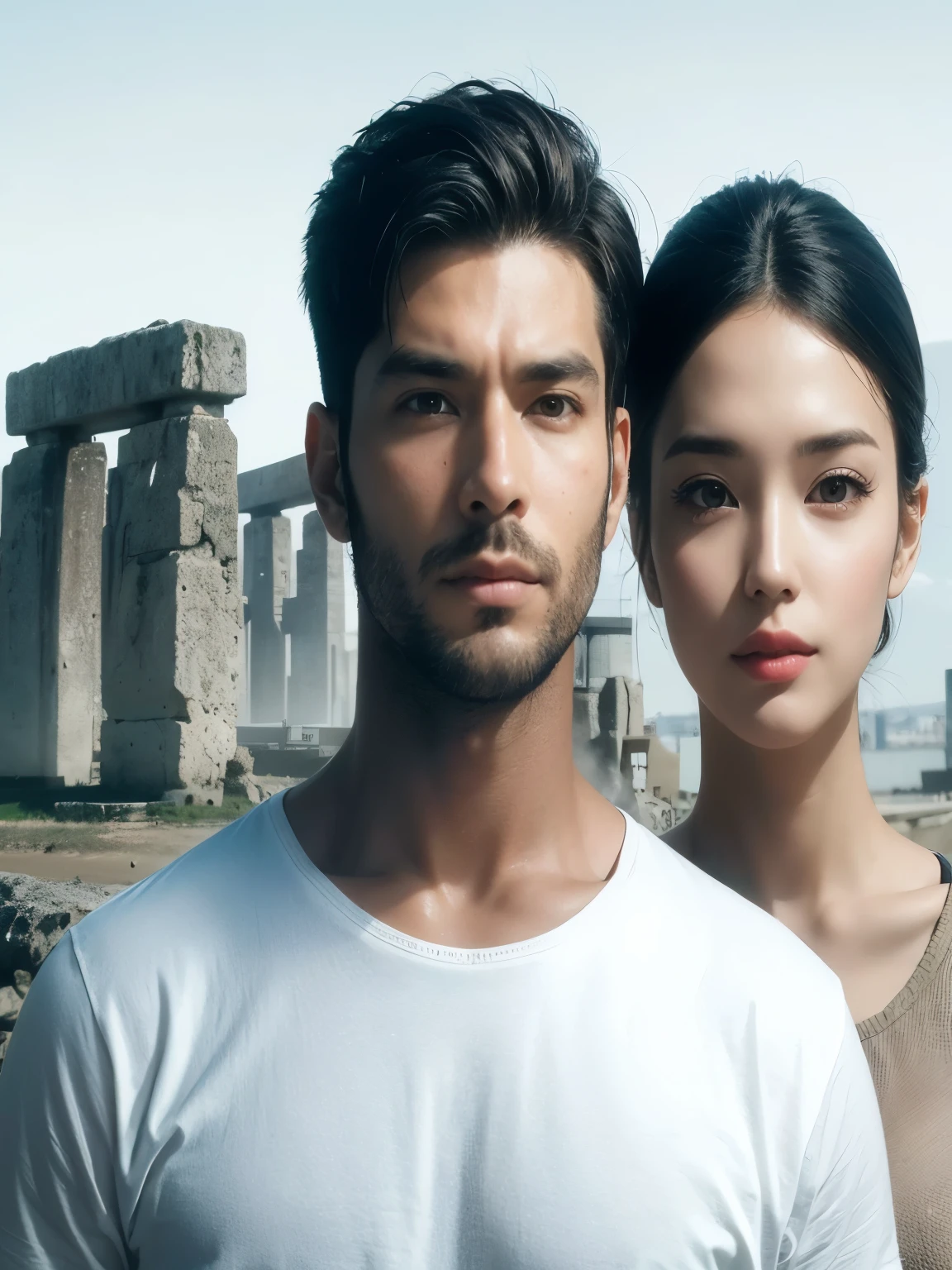 two beautiful men and women。Late twenties。Men have short black hair。A woman grows her dark brown hair long。They both wear modern clothes.。A megalithic civilization exists behind the two of them.。