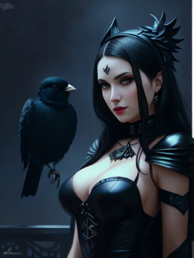 there is a woman in a black dress with a black bird on her shoulder, corvo negro, (corvo negro: 1.0), ((bird perched on shoulder)),  arte de estilo fantasia sombria, gothic fantasy art, arte de fantasia sombria, fantasia sombria misturada com realismo, in style of arte de fantasia sombria, Artgerm e Rossdraws, Artgerm e Tom Bagshaw, vampira com asas de corvo, wlop e artgerm, artgerm extremamente detalhado