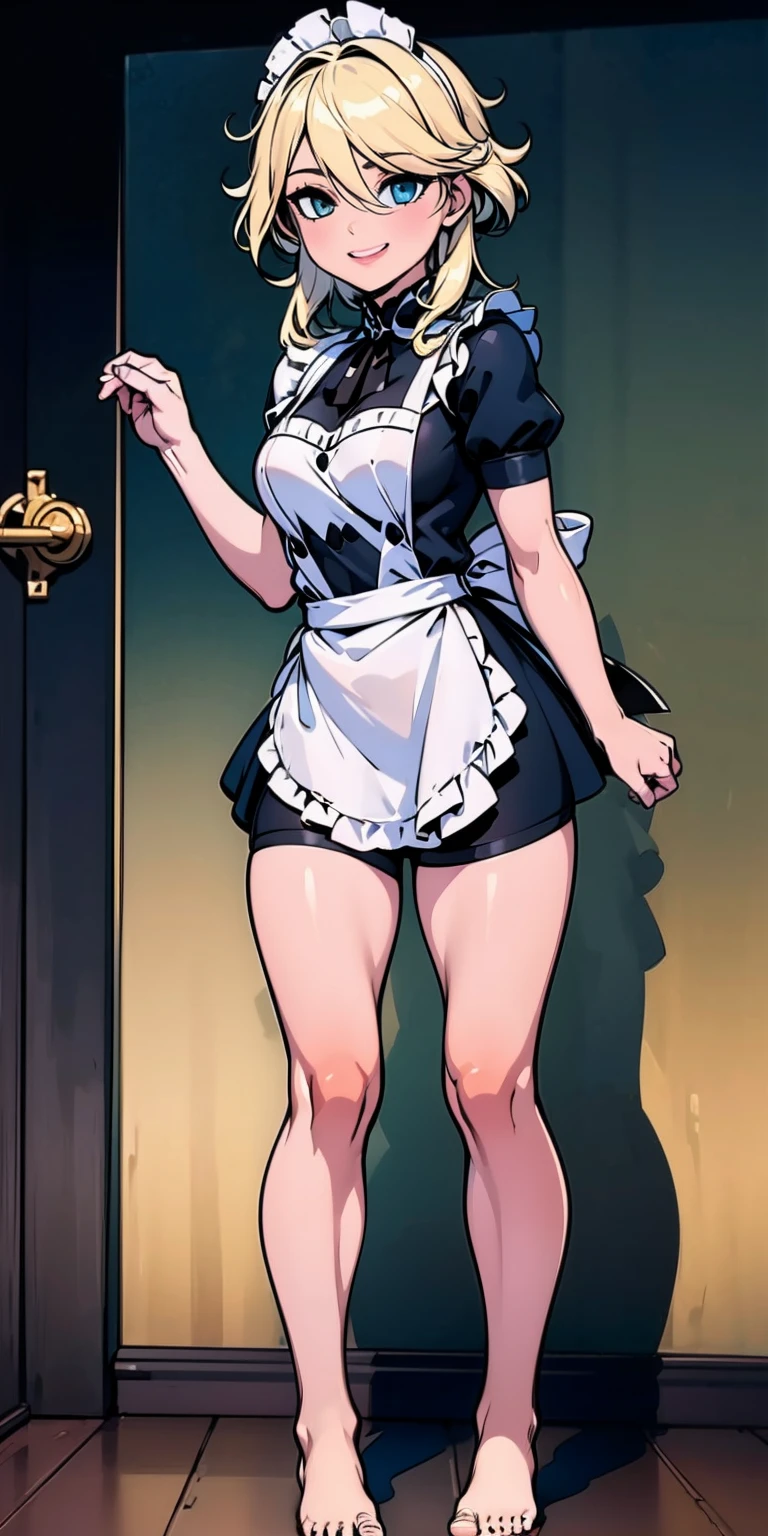 1girl, cute, ((Short black hair girl and long blonde hair girl)), maid victorian, maid apron, straight face, dazed, Body position: Standing, straight, symmetrical, barefoot, Lustful smile on face with red blush,
