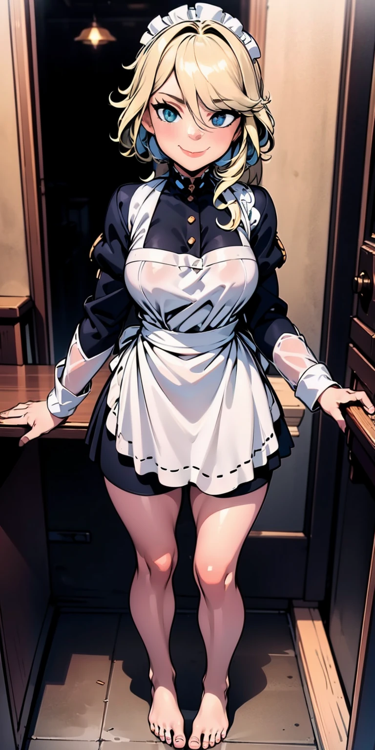 1girl, cute, ((Short black hair girl and long blonde hair girl)), maid victorian, maid apron, straight face, dazed, Body position: Standing, straight, symmetrical, barefoot, Lustful smile on face with red blush,
