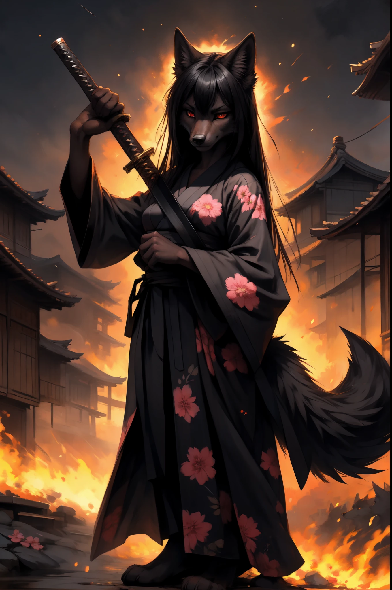 by kenket, by totesfleisch8, (by thebigslick, by silverfox5213:0.8), (by syuro:0.2), Natasha, black wolf, red eyes, long black hair, straight bangs, straightened hair, black wolf tail, in a burning Japanese village, serious face, full body shot, wearing black kimono, pink floral designs on kimono, holding a steel katana with both hands, nighttime