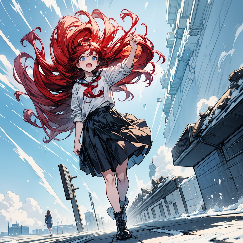 master piece,high quality,high resolution,High resolution,high contrast,Angle looking up from diagonally below,Realistic anime style,Rich and delicate drawings,full body,cute girl in a skirt,The strong wind is blowing and my hair is messed up,(The strong wind is blowing up my skirt,Pose holding the skirt with hand:1.4),white breath,A surprised and embarrassed look,(There are many people walking around the city in winter, and everyone is watching)