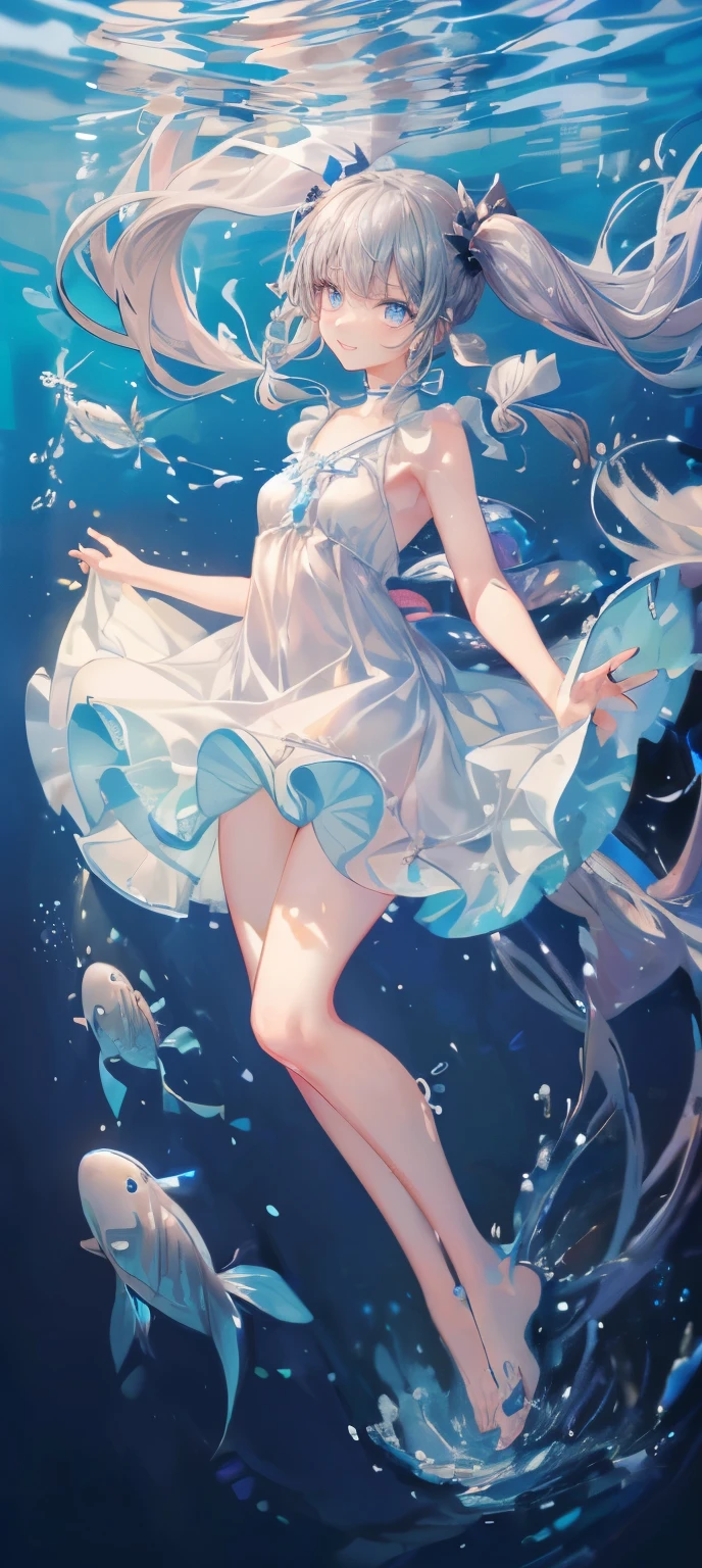 (muste piece), (best quality), very detailed, 1 girl, perfect face, (solo full body shot:1.3), very detailed顔,(Gray-haired ultra-long hair,twin tails:1.5),(blue eyes:1.4),(in water,swim:1.4),(white dress:1.5),School of small fish,Light,bubble,jellyfish,seaweed,deep sea,fantasy,seabed,(Floating hair:1.4),splash,(surrounded by many small fish:1.4),(smile:1.3)