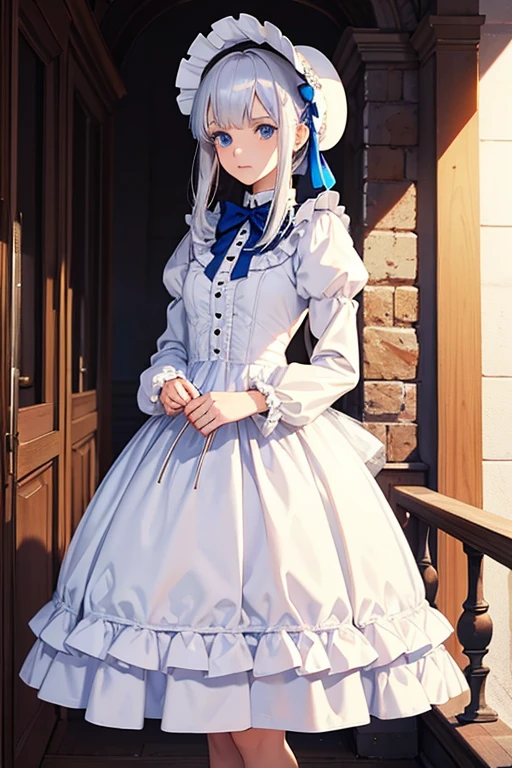 Sweet Lolita,white loli,Clothes with a lot of frills,One piece with pannier,bonnet,silver hair,blue eyes,male,women&#39;s clothing,bouquet