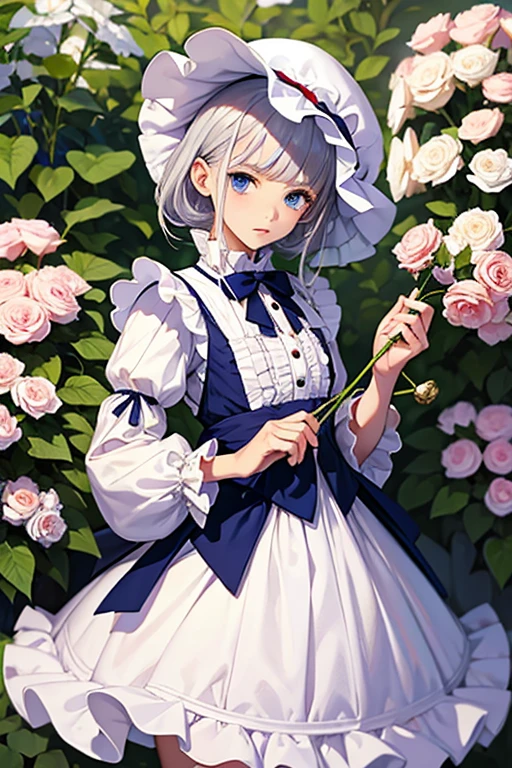 Sweet Lolita,white loli,Clothes with a lot of frills,One piece with pannier,bonnet,silver hair,blue eyes,male,women's clothing,bouquet
