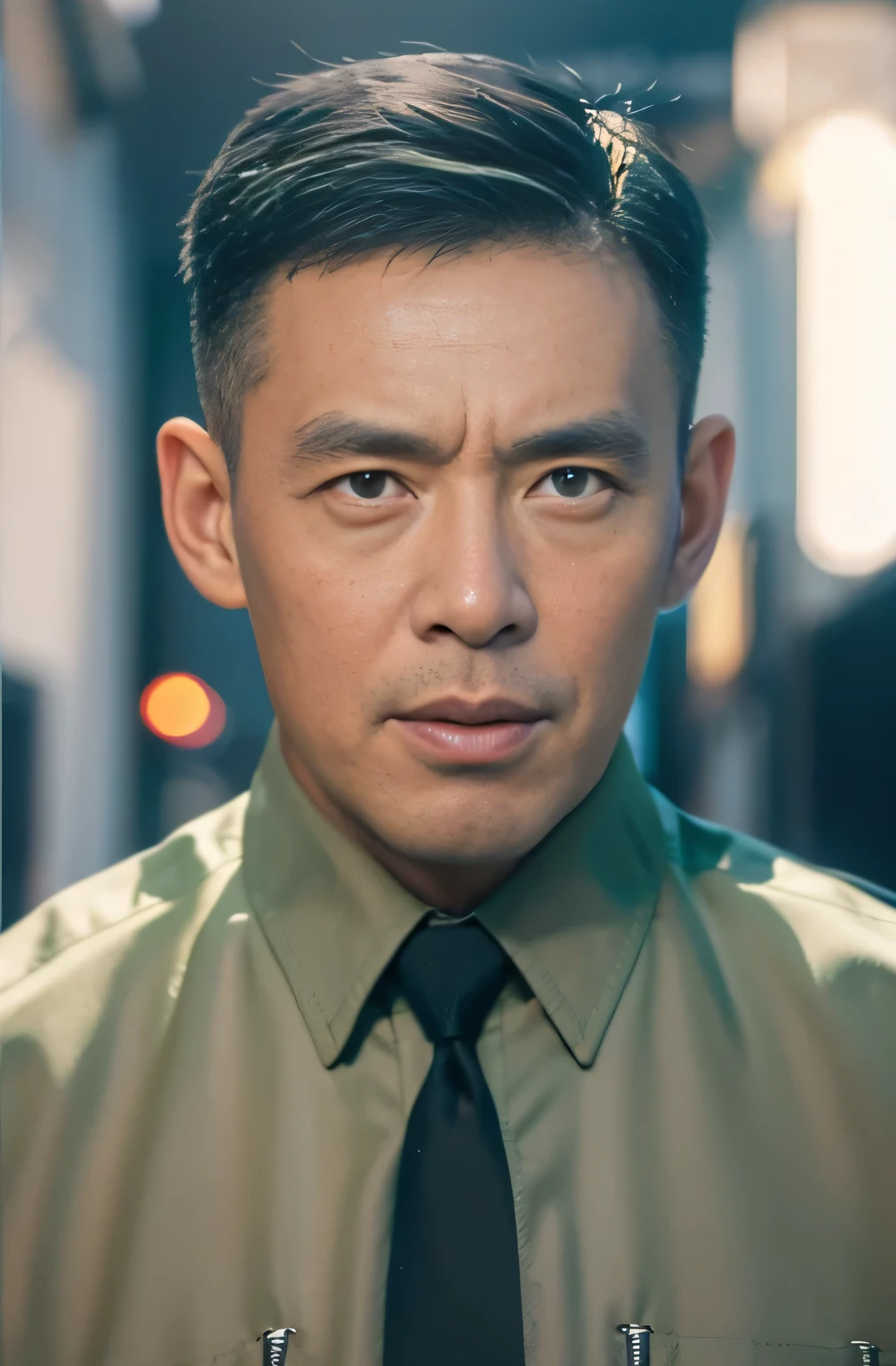 Highly realistic photo, ((masterpiece), (best quality), (raw photo), (photorealistic:1.4), Portrait of Vietnamese man, 50 years old, ((gray hair)), ((wearing a ligh green shirt)) , dark blue background , photo taken by Sony A7IV