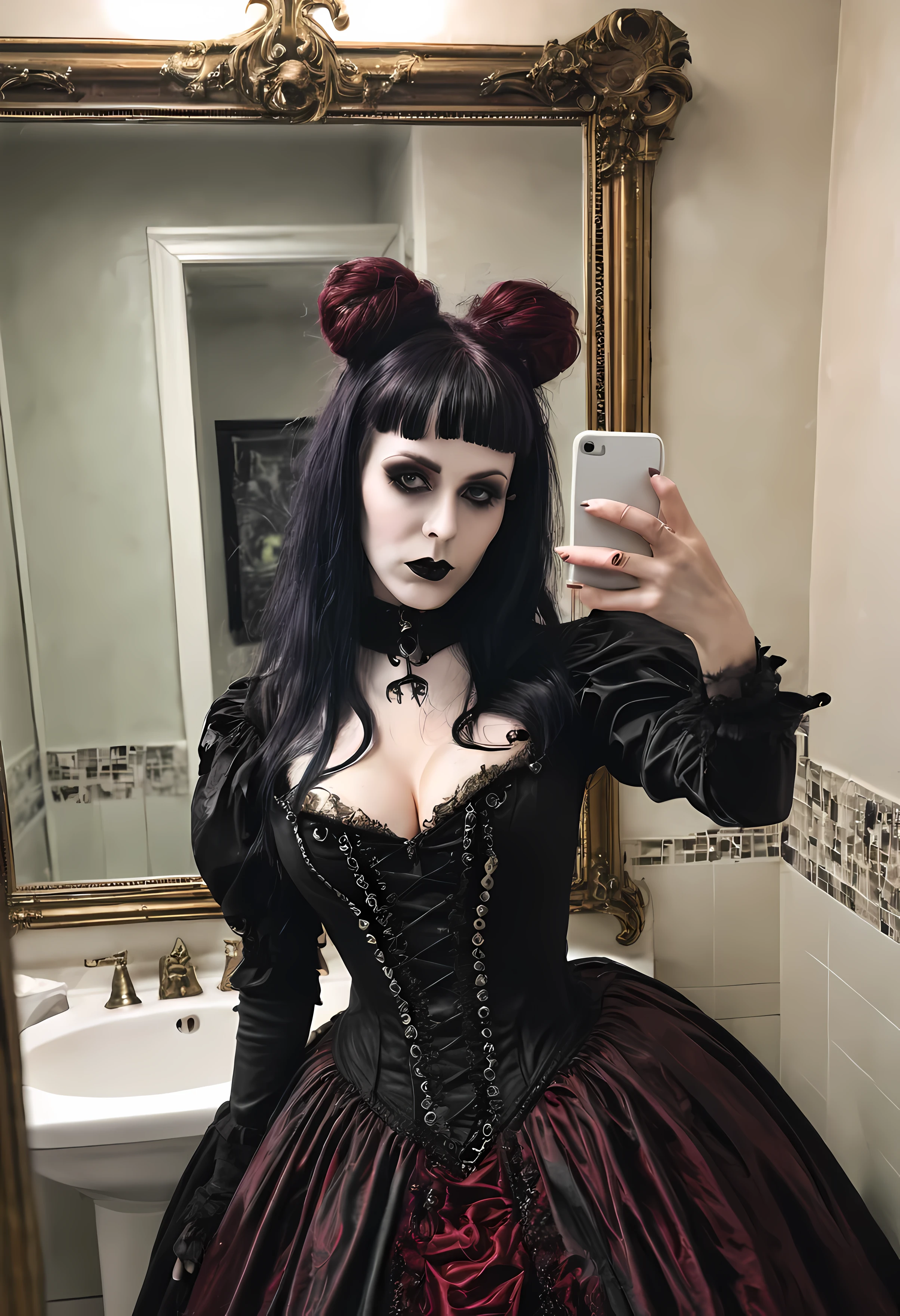 araffe dressed in gothic clothing taking a selfie in a bathroom, sexy gothic outfit, massive cleavage wearing a gothic dress, gothic horror vibes, witchcore clothes, wearing modern gothic clothes, ornate goth dress, goth style, gothic!!, dark gothic dress, gothic style, gothic aesthetic, gothic dress, gothic clothes, gothic wearing, ornate dark red opulent clothing