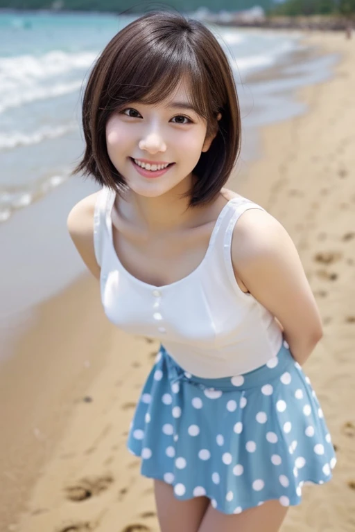 beach,A pure Japanese beautiful girl standing on the sandy beach, high ager, Height: 155cm, bust 79cm, Waist 55cm, Hips 90cm, barefoot, standing tall on the sandy beach, Shot straight ahead, Photo from thighs up, The photo was taken with the camera at waist height., standing position, elongated facial contour, Smile a little,sharp cheeks, round chin, clean nose, looking at the camera, thin cheeks, round chin, long eyes, beautiful eyes, black eyes, bob cut hair, brown hair, Tank top with large polka dots on a white background, Fluttering white mini skirt, Navel exposed