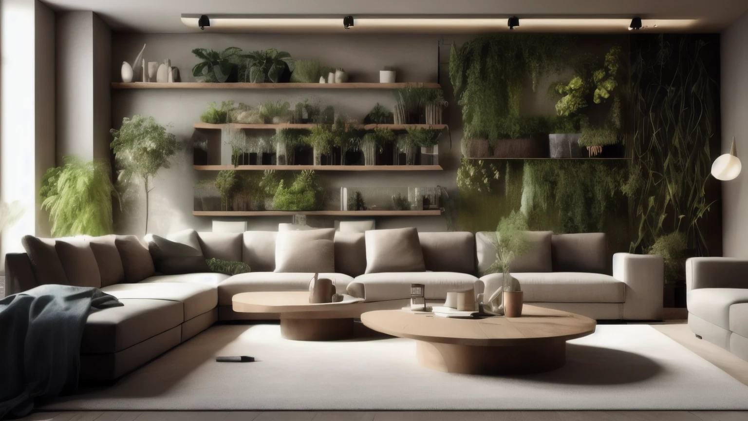 Stylish living room interior with comfortable sofa, coffee table. Vertical garden - wall design of green plants. Architecture, decor, eco concept