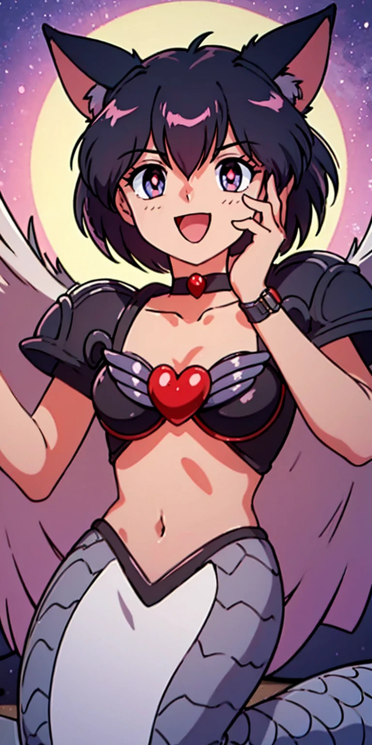 (masterpiece), night, full moon, (crazy, crazy smile, yandere:1.2), 1girl, short hair, bob hair, medium breasts, (heart-shaped pupils:1.3), hands on own face, open mouth, cat ears, (lamia:1.2)
