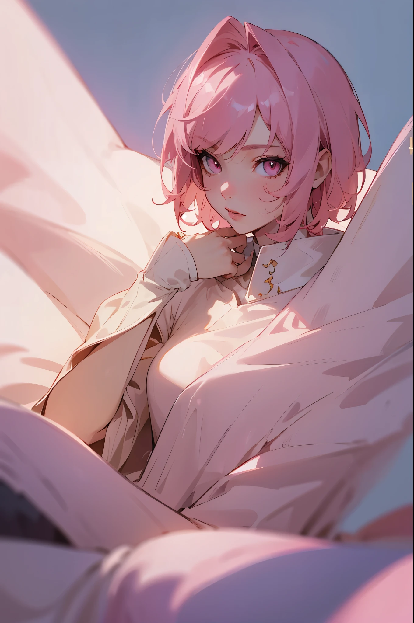 High spec beautiful girl, light pink hair color, short hair, female emperor, pink eyes, Final Fantasy style, full body, high pixel count, high image processing, high image quality, high resolution