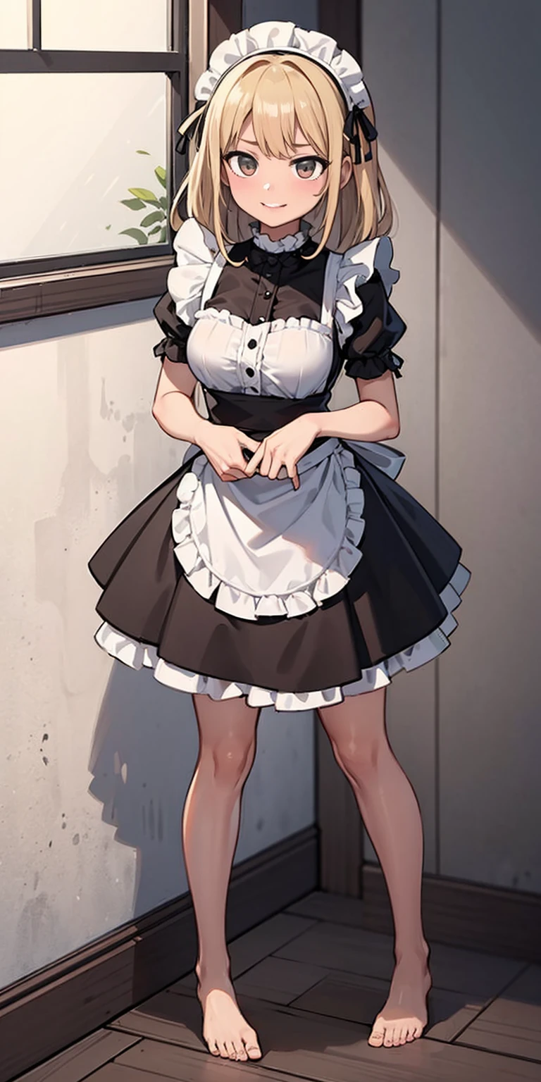 1girl, cute, ((Short black hair girl and long blonde hair girl)), maid victorian, maid apron, straight face, dazed, Body position: Standing, straight, symmetrical, barefoot, Lustful smile on face with red blush,
