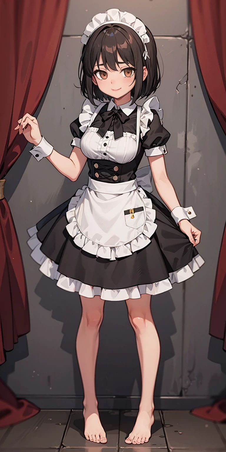 1girl, cute, ((Short black hair girl and long blonde hair girl)), maid victorian, maid apron, straight face, dazed, Body position: Standing, straight, symmetrical, barefoot, Lustful smile on face with red blush,