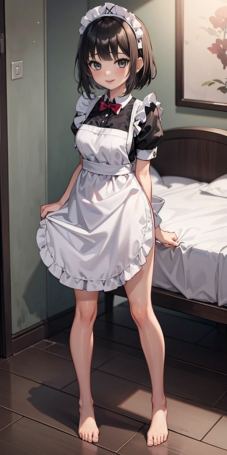 1girl, cute, ((Short black hair girl and long blonde hair girl)), maid victorian, maid apron, straight face, dazed, Body position: Standing, straight, symmetrical, barefoot, Lustful smile on face with red blush,