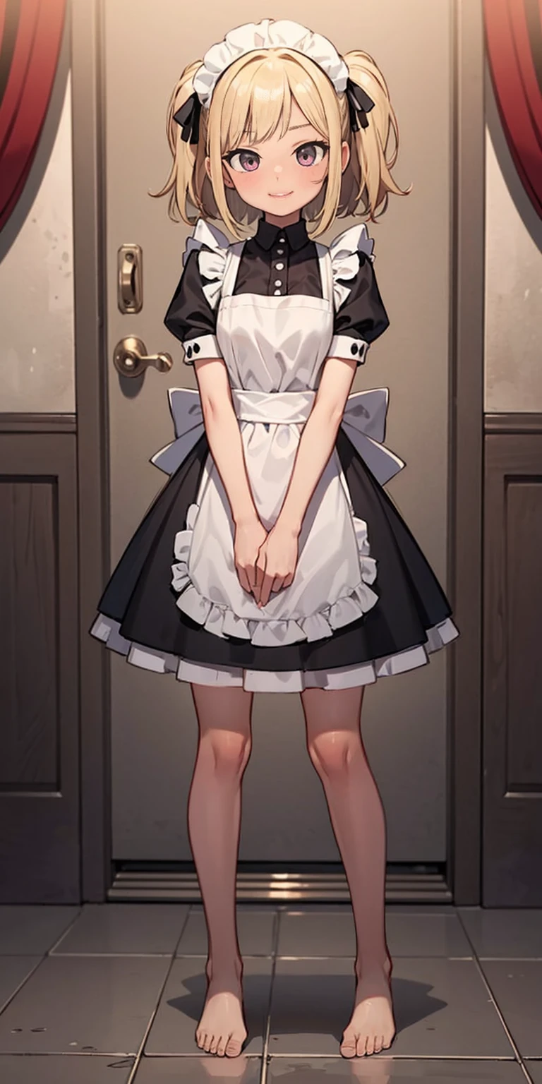 1girl, cute, ((Short black hair girl and long blonde hair girl)), maid victorian, maid apron, straight face, dazed, Body position: Standing, straight, symmetrical, barefoot, Lustful smile on face with red blush,