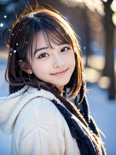 girl with, Snowy landscape, Winter wonderland, Cute and innocent look, rosy cheeks, Sparkling eyes, warm winter clothes, Poses in motion、footsteps in the snow, Falling snowflakes, Frosty tree, Snowy ground, soft snow texture, gentle and delicate lighting, Pastel color palette, dreamy ambiance, quirky and magical, A masterpiece of high resolution:1.2, Ultra-detailed, Realistic:1.37, Vivid colors, Bokeh、innocent smiles、Hair that flutters in the wind、Face Close-up