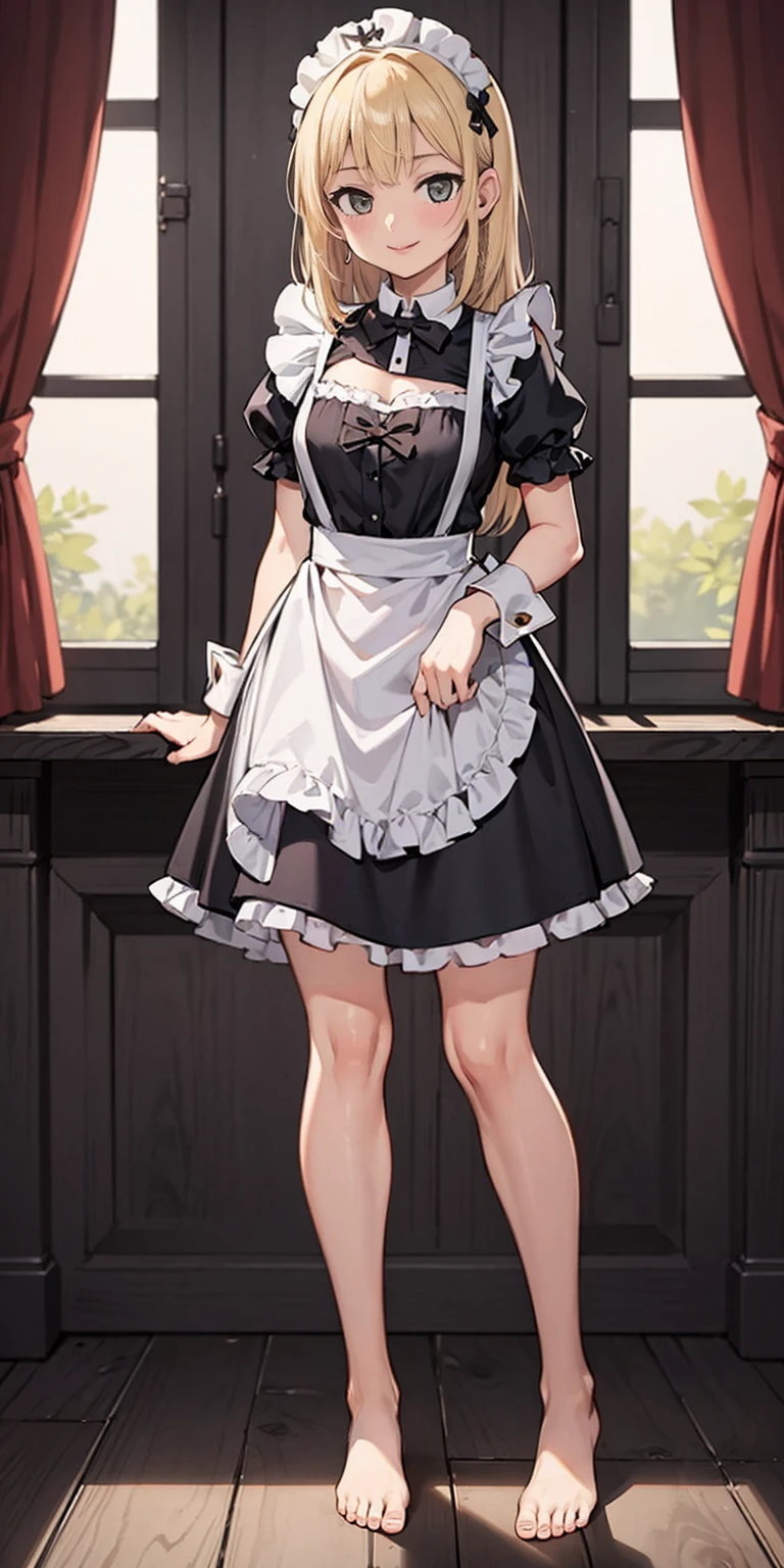 1girl, cute, ((Short black hair girl and long blonde hair girl)), maid victorian, maid apron, straight face, dazed, Body position: Standing, straight, symmetrical, barefoot, Lustful smile on face with red blush,
