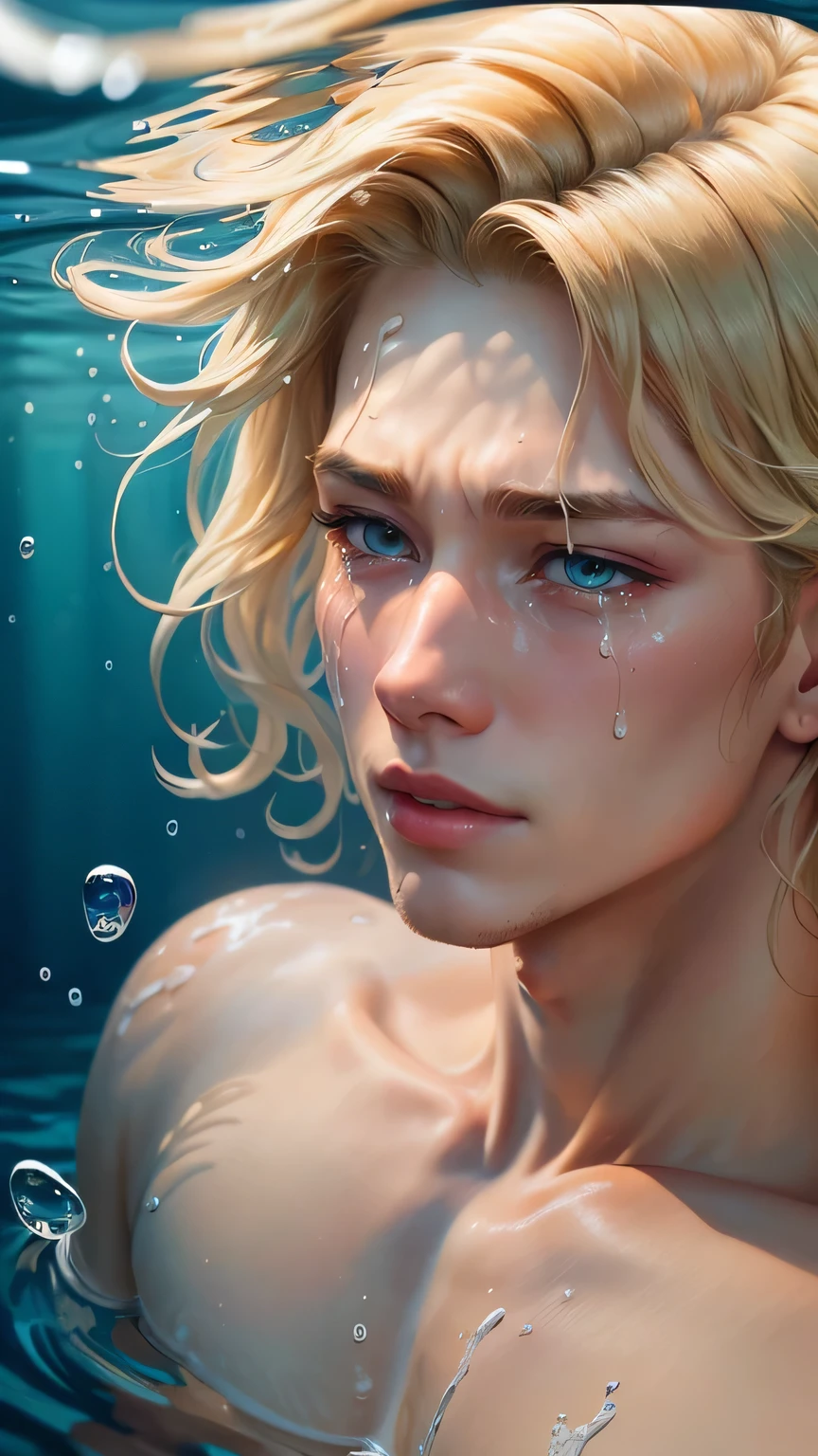((best quality)), ((masterpiece)), (detailed), perfect face, Man1,blond hair, under water, Drowning, dying, tearful, Drowning하는, hurriedly,