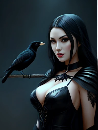 There's a woman in a black dress, ((cabelos pretos, cabelos lisos,): 1.0), with a black bird on his shoulder, corvo negro, (corvo negro: 1.0), ((perching bird_no_ombro)),  arte de estilo fantasia sombria, gothic fantasy art, arte de fantasia sombria, fantasia sombria misturada com realismo, in style of arte de fantasia sombria, Artgerm e Rossdraws, Artgerm e Tom Bagshaw, vampira com asas de corvo, wlop e artgerm, artgerm extremamente detalhado