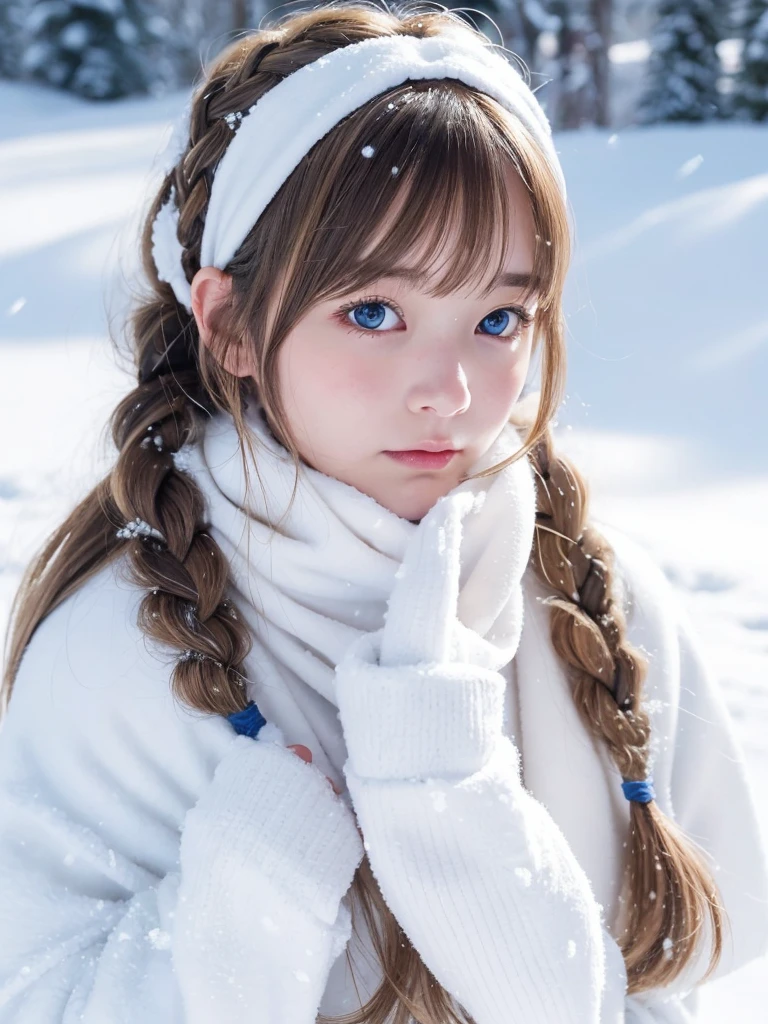 solo, snowの, snow, blonde hair, long hair, french braid, side lock, parted bangs, eyes are blue, detailed face, winter clothes, mittens, White headscarf, whole body, snowに覆われた森, Fascinating realm, (nose blush, heavy breathing:1.1), (broody:1.4)