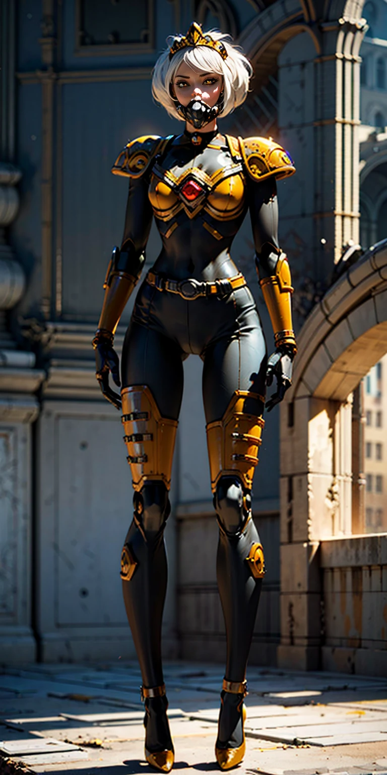 (masterpiece:1.2,high quality), 1girl, ((ultra realistic details)), global illumination, shadows, Unreal Engine, octane render, 8k, ultra sharp, metal, intricate, ornaments detailed, highly intricate details, yellow eyes, (mechanical body:1.2), white hair, (black gas mask), Gear, bob cut, hundreds of wires, Terran, (Robot, android:1.15), Apocalypse, broken buildings, full body, whole body. 1solo (girl). standing, hands on hips full body, whole body. choker, big belt, view from below, feet together, bracers, tiara