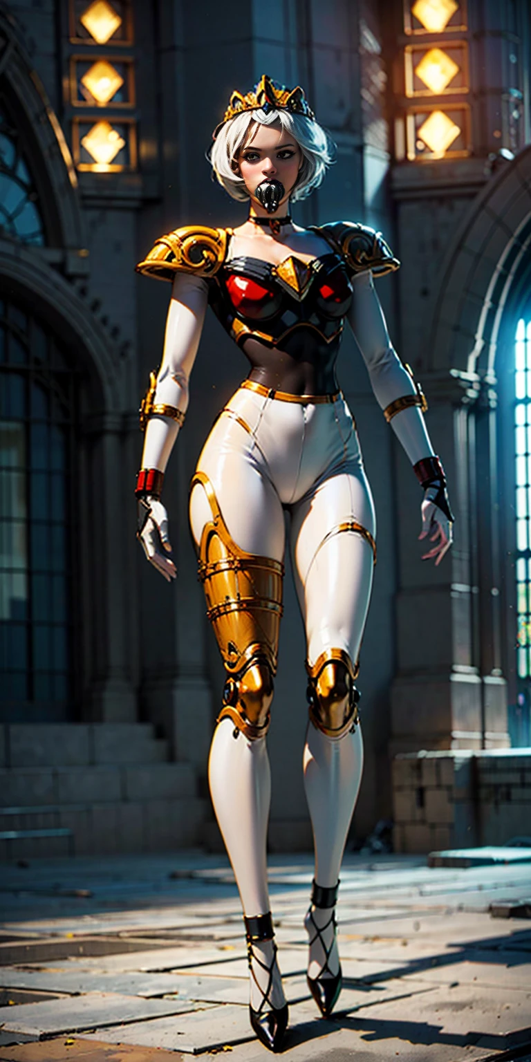 (masterpiece:1.2,high quality), 1girl, ((ultra realistic details)), global illumination, shadows, Unreal Engine, octane render, 8k, ultra sharp, metal, intricate, ornaments detailed, highly intricate details, yellow eyes, (mechanical body:1.2), white hair, (black gas mask), Gear, bob cut, hundreds of wires, Terran, (Robot, android:1.15), Apocalypse, broken buildings, full body, whole body. 1solo (girl). standing, hands on hips full body, whole body. choker, big belt, view from below, feet together, bracers, tiara