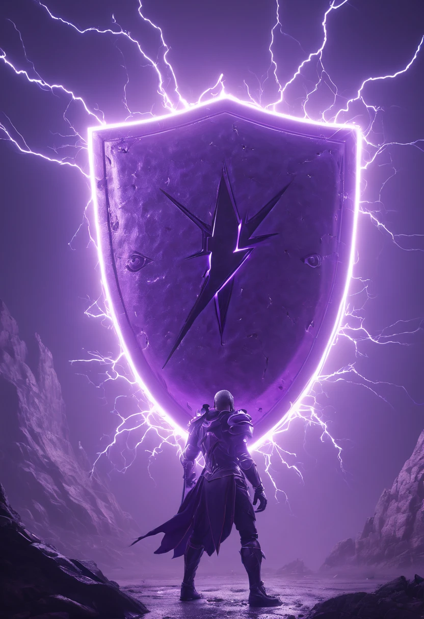 holding a Large Shield, purple theme, electricity, thunder and lighting, whimsical, by Brian Jungen and Boris Groh, epic, dark fantasy art, octane render, intricate, (best quality, masterpiece, Representative work, official art, Professional, unity 8k wallpaper:1.3)