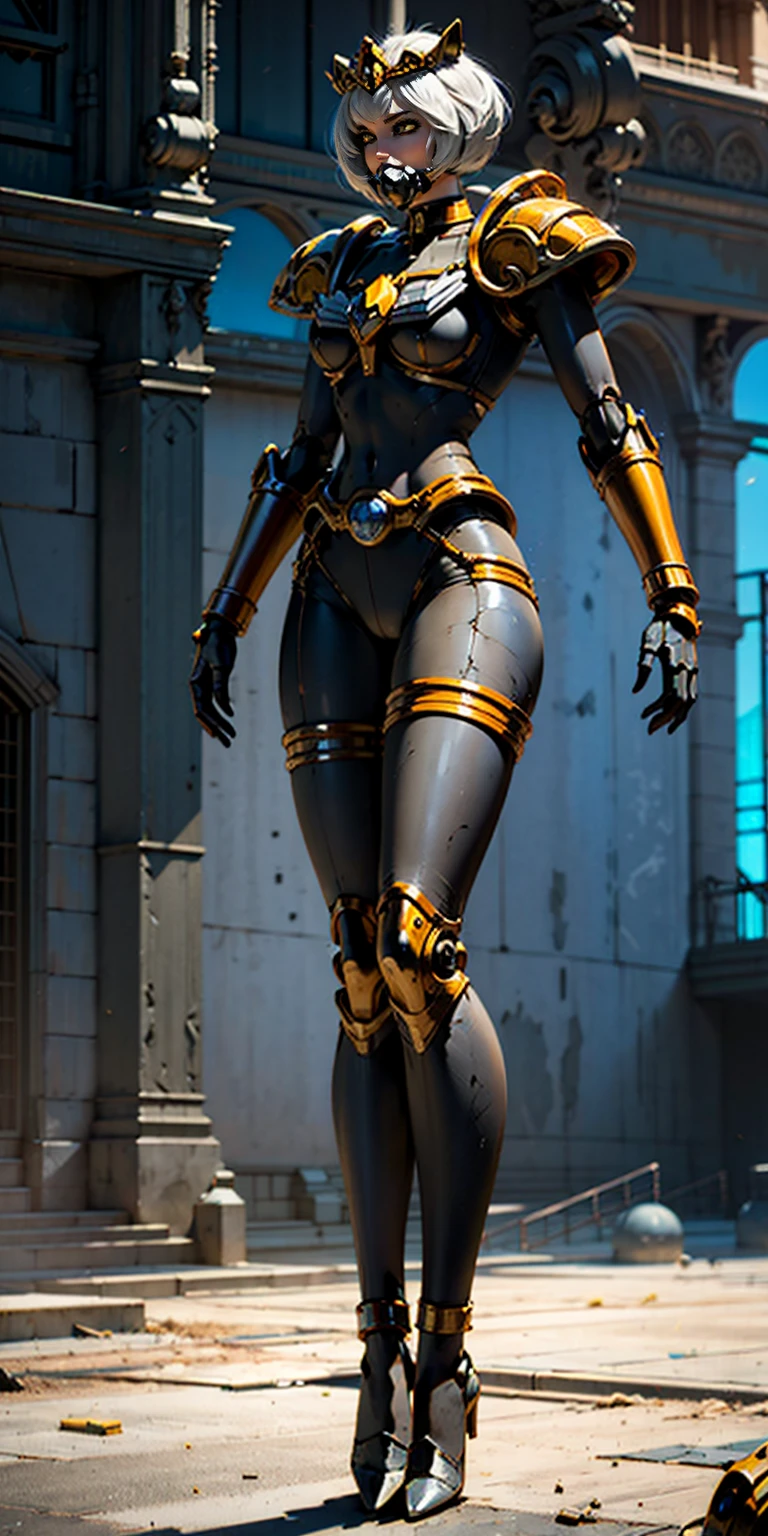 (masterpiece:1.2,high quality), 1girl, ((ultra realistic details)), global illumination, shadows, Unreal Engine, octane render, 8k, ultra sharp, metal, intricate, ornaments detailed, highly intricate details, yellow eyes, (mechanical body:1.2), white hair, (black gas mask), Gear, bob cut, hundreds of wires, Terran, (Robot, android:1.15), Apocalypse, broken buildings, full body, whole body. 1solo (girl). standing, hands on hips full body, whole body. choker, big belt, view from below, feet together, bracers, tiara