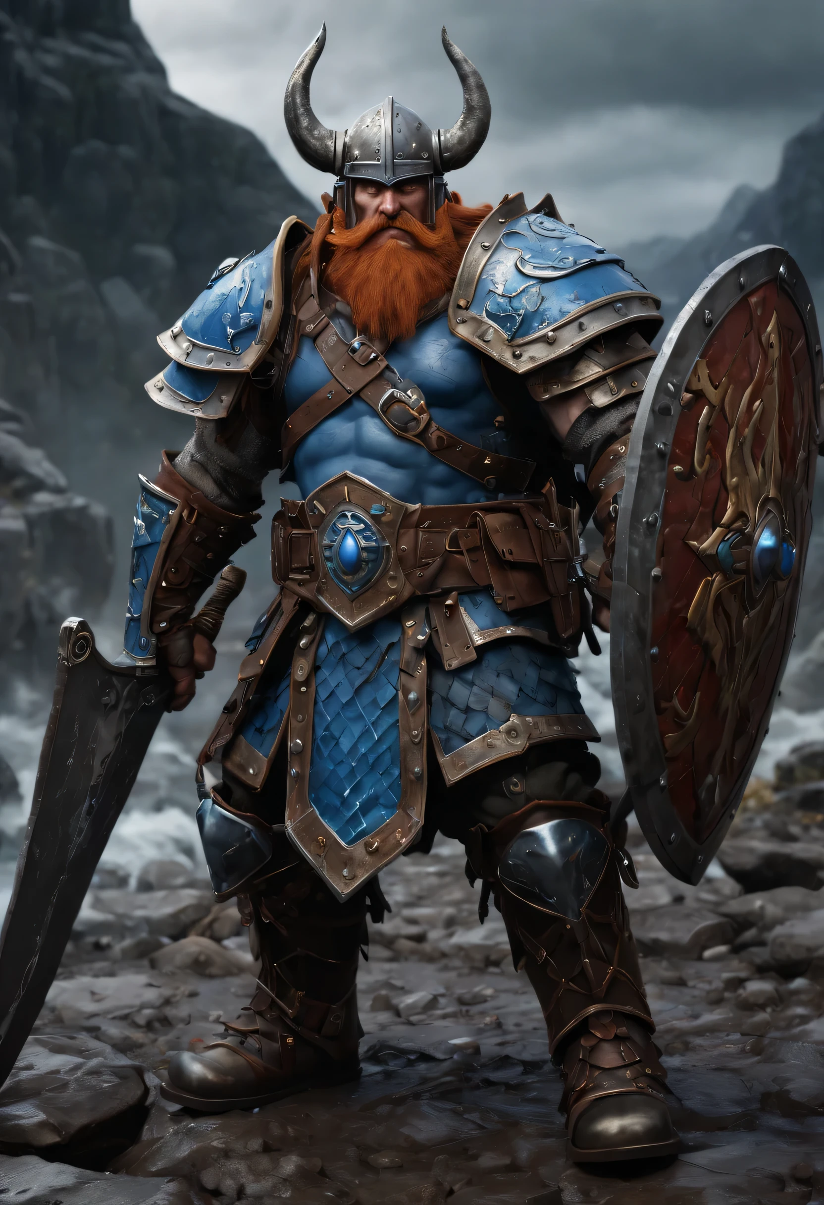 (best quality,4k,8k,highres,masterpiece:1.2),ultra-detailed, dwarf,warhammer fantasy,decked out for battle, ornately made scale mail armor, viking helmet,ornate metal shield, bubbling tankard painting on the shield, battle-ready,warlike demeanor, thick, luxuriant beard, fire-red hair, braided, piercing blue eyes, intense gaze, weathered and scarred face, muscular and compact build, engraved runes and sigils on armor and shield, battle scars on the body, battle axe hanging from belt, heavy boots, sturdy and worn, rugged and rocky battlefield, dwarven stronghold in the background, towering stone mountains, fierce storm clouds gathering in the sky, dramatic lighting with striking shadows, rich color palette with earthy tones, battle cries and clash of weapons filling the air