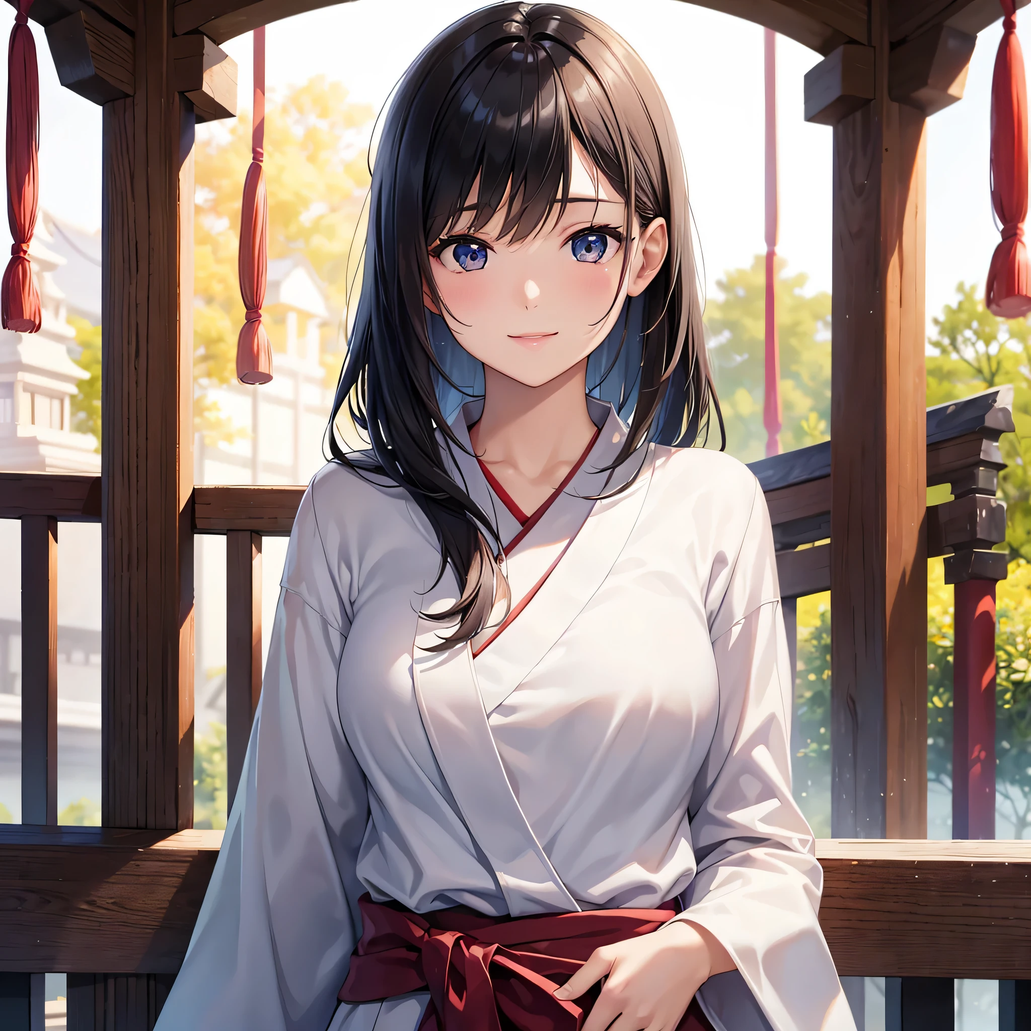 one beautiful woman、((highest quality、8K masterpiece:1.3))、sharp focus:1.2、(super beautiful face:1.0)、(shiny skin:1.0)、realistic pictures、black hair、video writing、High resolution eyes and face、video writing、japanese actress、from the front、Medium chest、shy smile、The beauty of slender abs、whole body、Kanji for Japan「kind」wearing a t-shirt、At the shrine