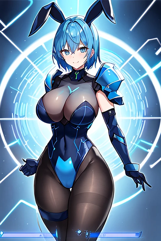 1girl, blue hair, large breasts, breasts, thick thighs, wide hips, blue eyes, bodysuit, black bodysuit, pantyhose, short hair, very short hair, light smile, science-fiction, tech, futuristic, black pantyhose, neon, machinery, bunny ears, rabbit ears, neon trim, anime style, 2d, anime screencap, shoulder armor, blue neon trim