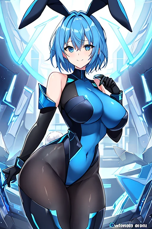 1girl, blue hair, large breasts, breasts, thick thighs, wide hips, blue eyes, bodysuit, black bodysuit, pantyhose, short hair, very short hair, light smile, science-fiction, tech, futuristic, black pantyhose, neon, machinery, bunny ears, rabbit ears, neon trim, anime style, 2d, anime screencap, shoulder armor, blue neon trim