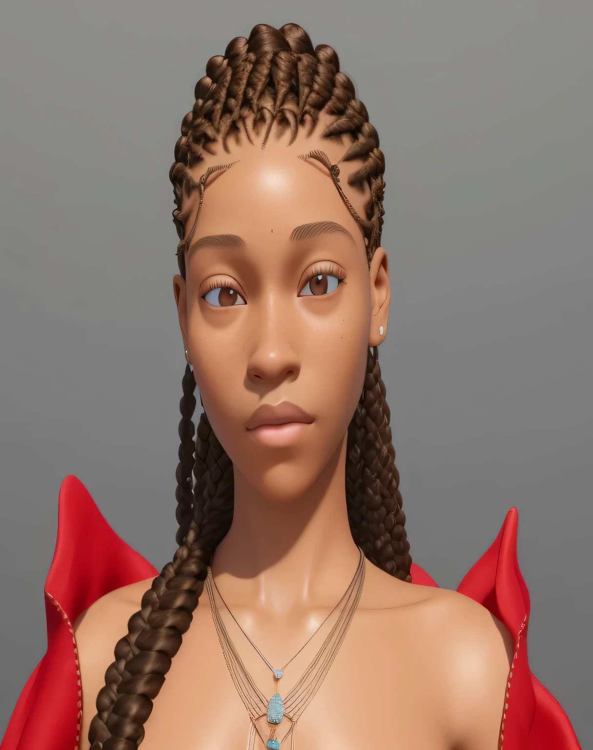 a close up of a woman with braids and a necklace, 8k portrait render, inspired by Theo Constanté, cornrows braids, with textured hair and skin, render of april, 3 d render stylized, anime styled 3d, light skinned african young girl, cornrows, hyper realistic style, pigtails hairstyle, 8k highly detailed face, red intricate long braids