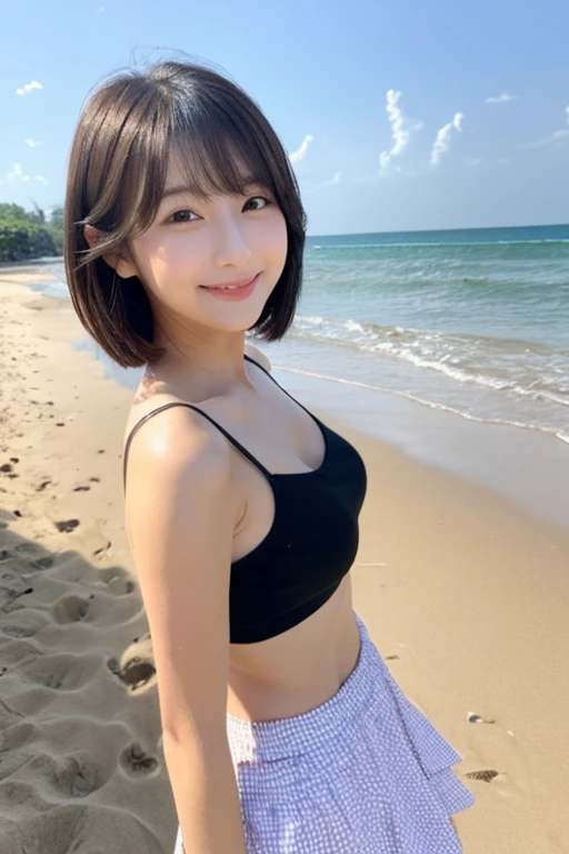 beach,An innocent Japanese beautiful girl standing on the sandy beach, high teenager, Height: 155cm, bust 79cm, Waist 55cm, Hips 90cm, barefoot, standing tall on the sandy beach, Shot straight ahead, The photo was taken with the camera at waist height., Photo from thighs up, camera is at eye level, standing position, elongated facial contour, Smile a little,sharp cheeks, round chin, clean nose, looking at the camera, thin cheeks, round chin, long eyes, beautiful eyes, black eyes, bob cut hair, brown hair, Tank top with large polka dots on a white background, Fluttery white mini skirt