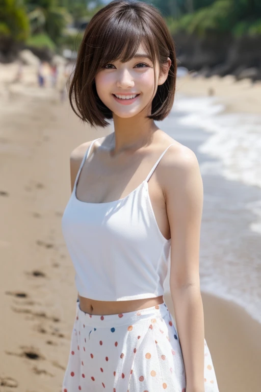 Tabletop, highest quality, shape, Very detailed, finely, High resolution, 8k wallpaper, perfect dynamic composition shape, Beautiful and exquisite,Studio Light, Written boundary depth, Upper Body, thin, cute顔, smile, Beautiful details in the eyes, 19 year old Japanese, cute, Voluminous curls and warm blonde color, Plaza, casual,Being on the beach、Wearing a white tube top、Random cute poses、smile、Hair blowing in the wind