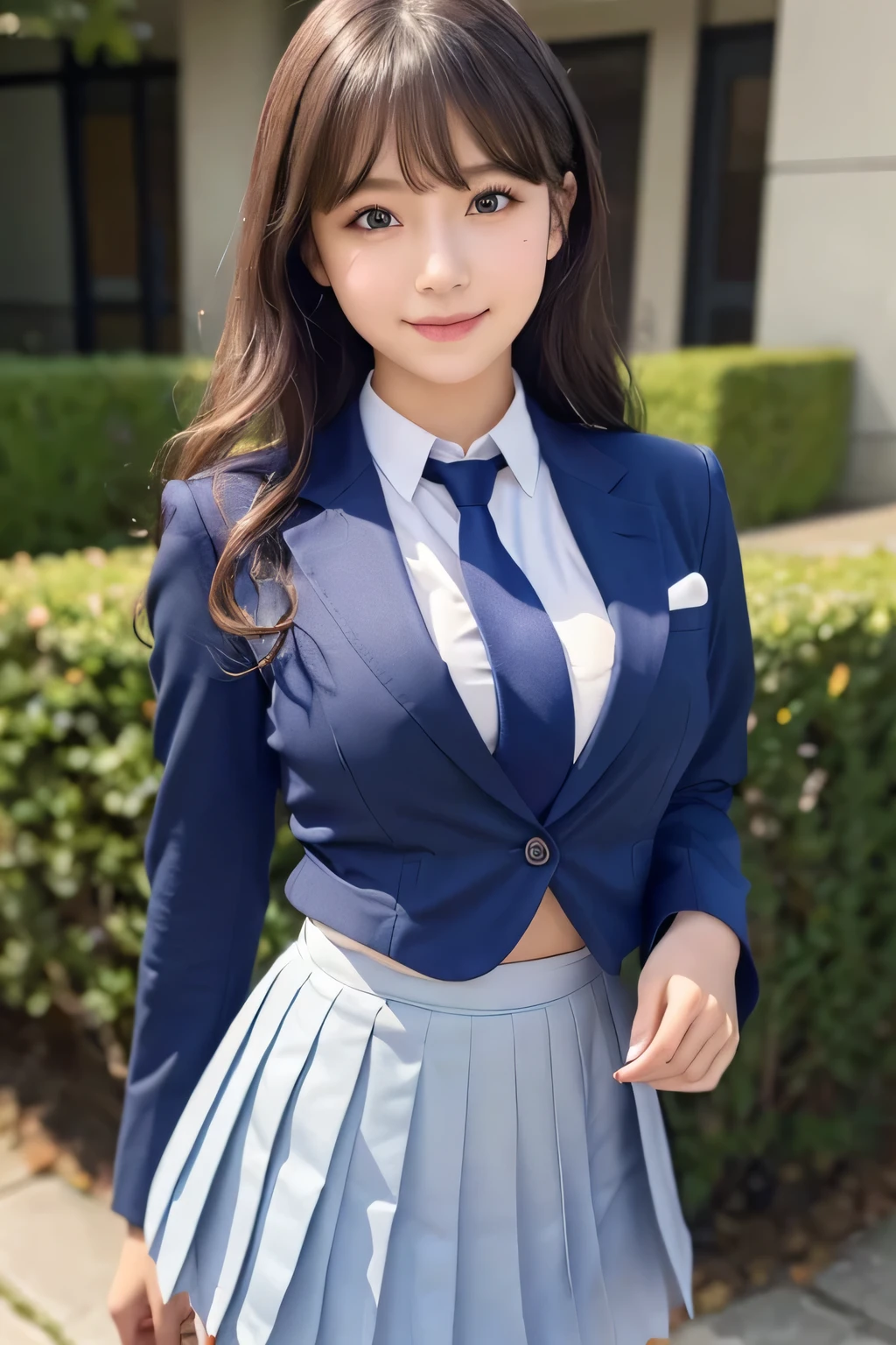 8K, highest quality, real image, intricate details, super detailed, Super high resolution, depth field,(realistic,realistic:1.2), 1 girl, Eye_Chan, very beautiful 17 year old girl, innocent big eyes,、beautiful breasts:1.5、highly detailed eyes:1.2)、(beautiful breasts:1.1)、wavy hair、curly hair、bangs、, perfect skin, Fair skin, cleavage, tight waist, huge breasts、light blush, alone、 looking at the viewer, (smile), ((School_uniform),(dark blue blazer), (white shirt、Wearing a tie), (gray pleated skirt), (sculpture installation :1.1)
