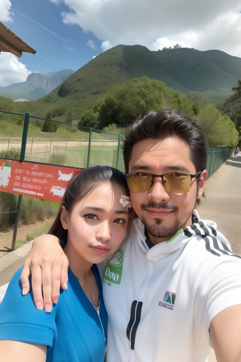 They are posing for a photo in front of a fence., pareja, parque en el fondo, with mountains in the background, intentalo, lovely pareja, con un parque al fondo, castigo, selfie enamorado, foto de vacaciones, 8k foto autofotograph, with mountains in the background, foto autofoto, Foto, mexicano, en un parque, imagen de perfil