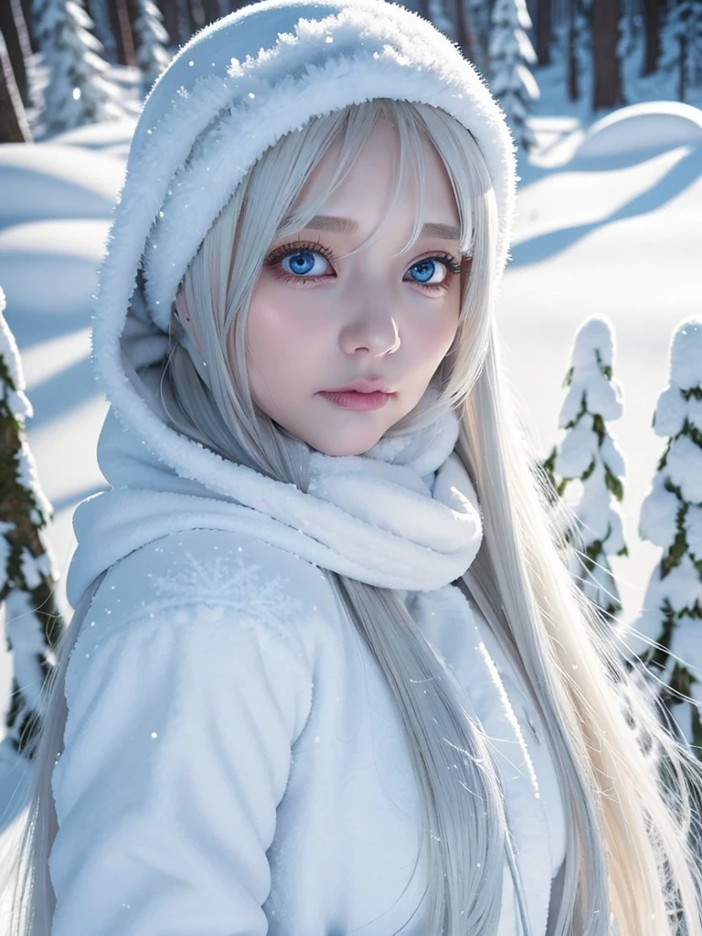 solo, Snow, super long platinum blonde hair, Super Long Straight Hair, side lock, parted bangs, Shining eyes are bright light blue, very big eyes、detailed face, winter clothes, White headscarf, whole body, Snowy forest, Fascinating realm, (nose blush, heavy breathing:1.1), (broody:1.4)