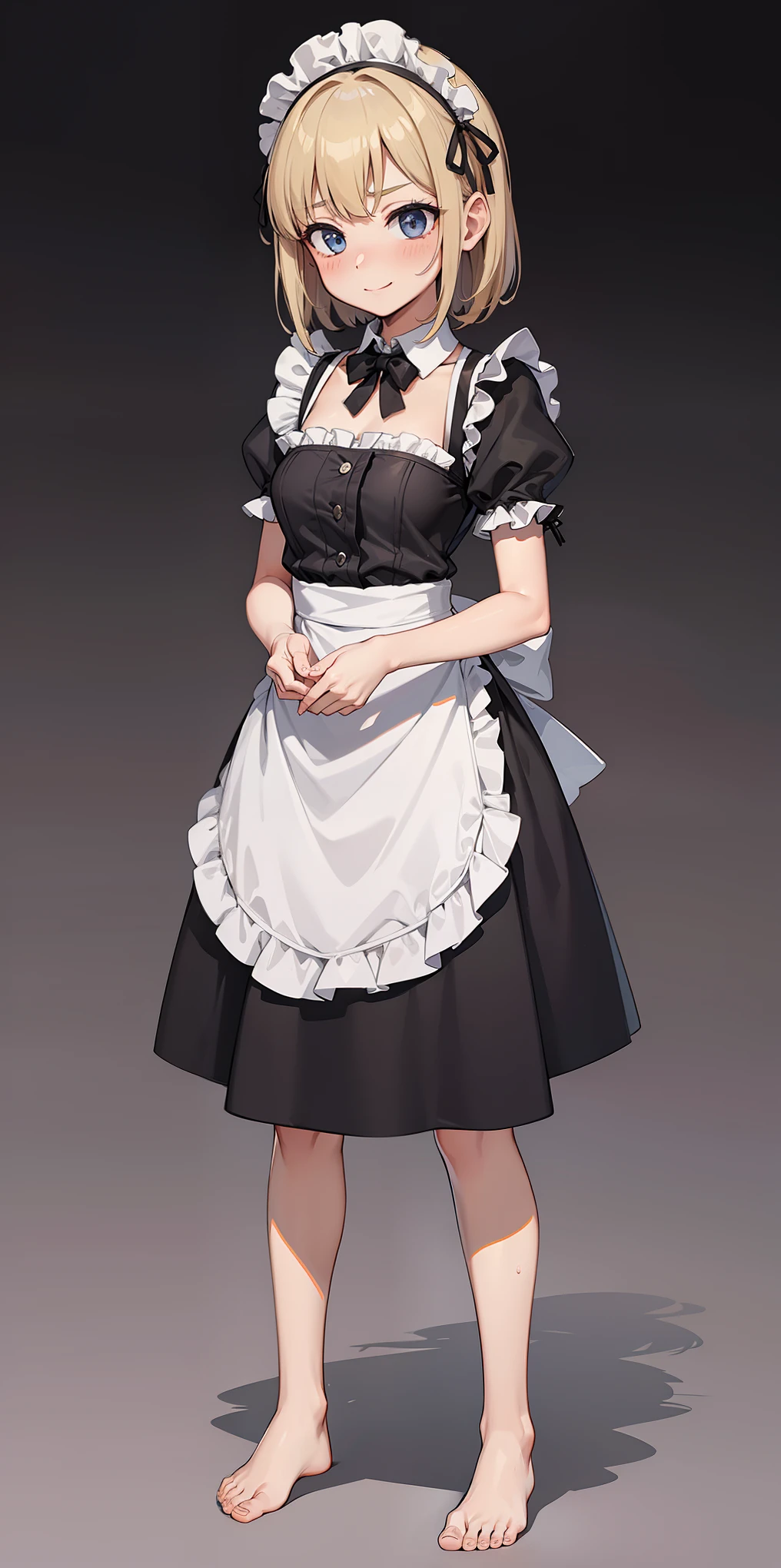 1girl, cute, ((Short black hair girl and long blonde hair girl)), maid victorian, maid apron, straight face, dazed, Body position: Standing, straight, symmetrical, barefoot, Lustful smile on face with red blush,
