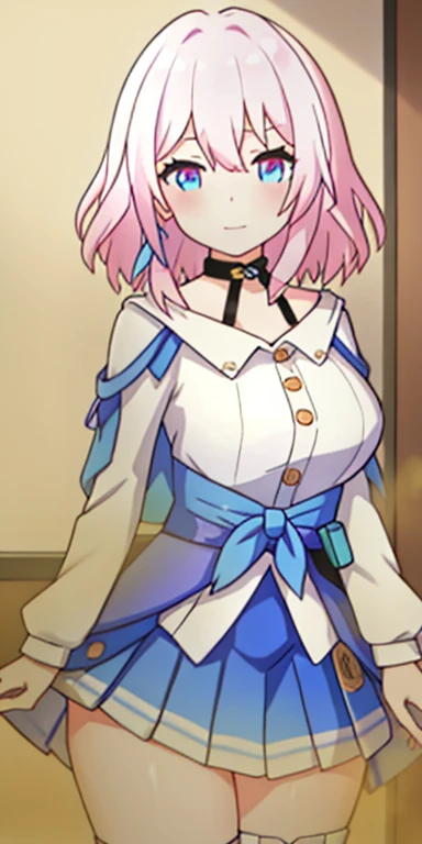 \(\(master piece\)\)、chest、beholderを見る、short hair、\(multicoloured_eyes:1.5\)、\(pink hair:1.8\)、bangs、blue eyes、\(Long Rock:1.4\)、\(ribbon earrings\)、masterpiece、最high quality、high quality、disorganized、shiny skin、colorful、dynamic pose、stunning art、best quality、Super detailed、dynamic angle、very detailed、Reflective hair、proper lighting、Ray tracing、Depth of bounds written、Super detailedな、An illustration、wonderful、fine details、very detailed、\(\(Super detailed\)\)、\(beautiful detailed girl\) 、beautiful detailed shine、intricate details、High resolution、very delicate and beautiful、beautiful detailed eyes、real、HDR、round eyes、detailed facial features、\(An illustration\)、\(beautiful detailed eyes\)、\(\(very detailed顔\)\)、Depth of bounds written、eyebrows visible through hair、frills、beholder、\(Upper body: 1.4\)、clothes reflecting light、\(skin light diffraction: 1.35\)、\(shiny skin: 1.55\)、\(iridescence effect: 1.55\)、clavicle、white shirt、long sleeve、choker、flower、blue camera、blue skirt、青いflower、\(indoor、potted plants: 1.5\)、critical angle、fart