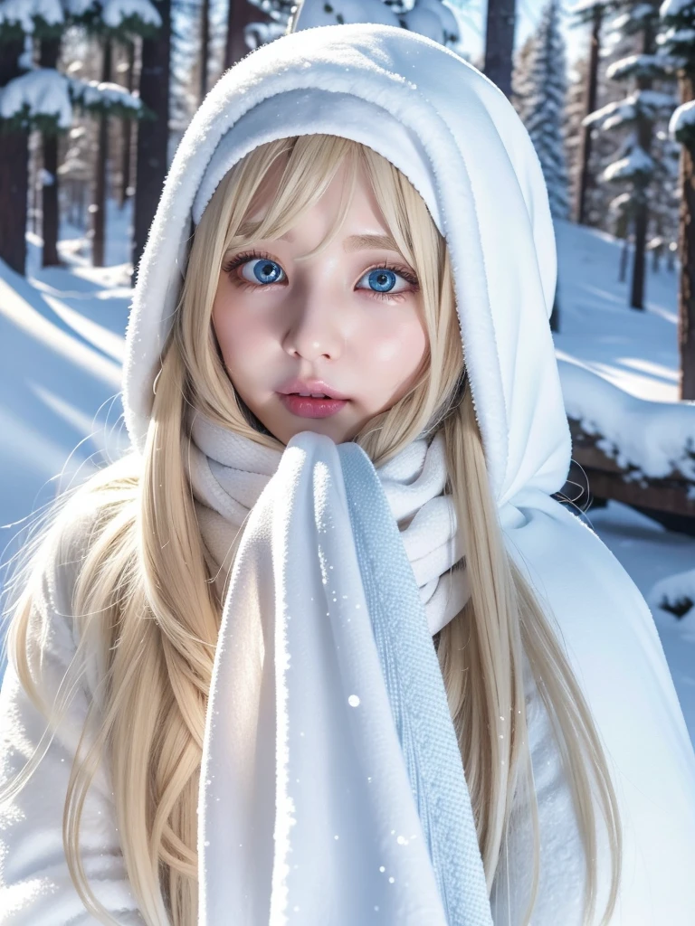 solo, Snow, super long bright blonde hair, Super Long Straight Hair, side lock, parted bangs, Shining eyes are bright light blue, very big eyes、detailed face, winter clothes, White headscarf, whole body, Snowy forest, Fascinating realm, (nose blush, heavy breathing:1.1), (broody:1.4)