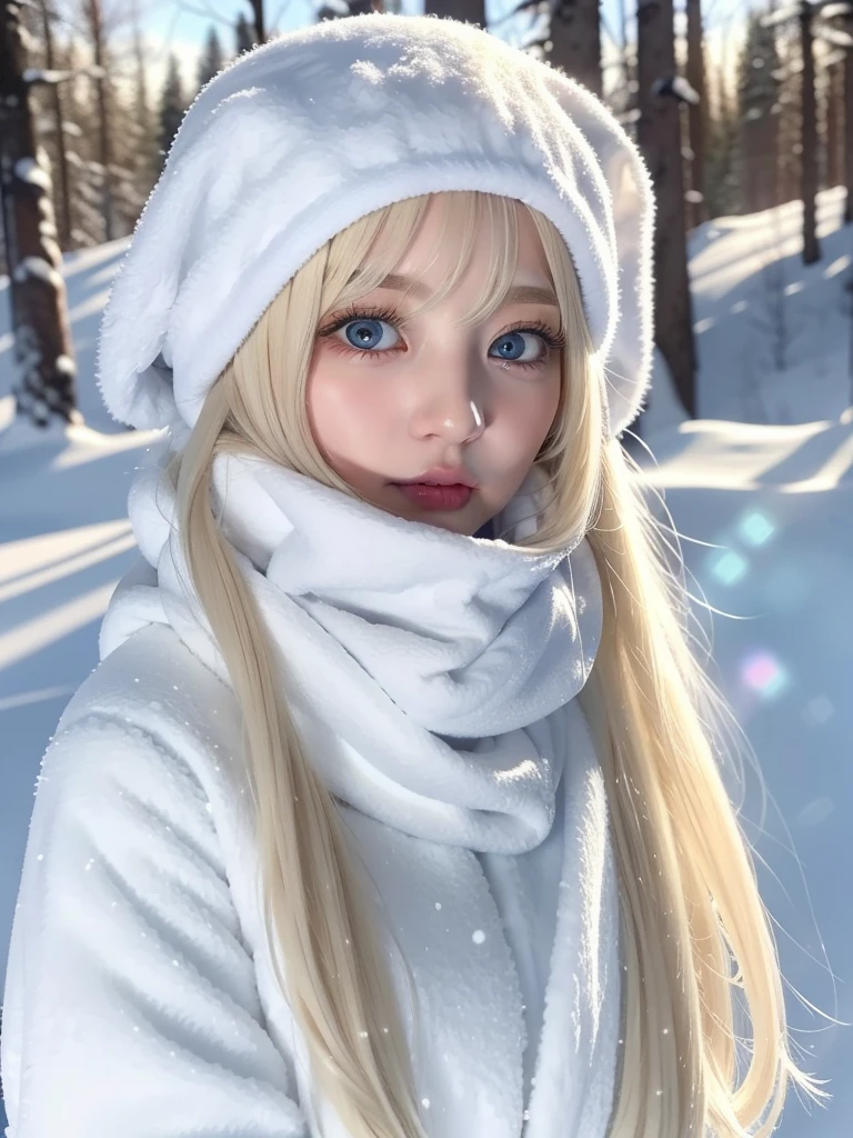 solo, Snow, super long bright blonde hair, Super Long Straight Hair, side lock, parted bangs, Shining eyes are bright light blue, very big eyes、detailed face, winter clothes, White headscarf, whole body, Snowy forest, Fascinating realm, (nose blush, heavy breathing:1.1), (broody:1.4)