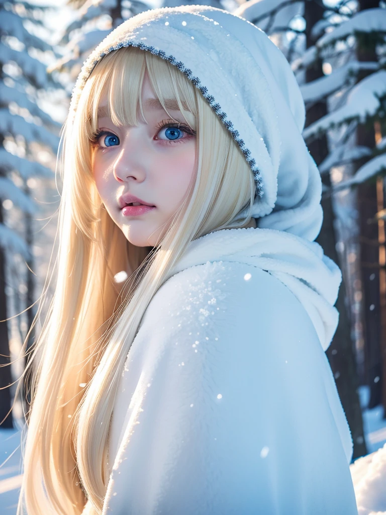 solo, Snow, super long bright blonde hair, Super Long Straight Hair, side lock, parted bangs, Shining eyes are bright light blue, very big eyes、detailed face, winter clothes, White headscarf, whole body, Snowy forest, Fascinating realm, (nose blush, heavy breathing:1.1), (broody:1.4)