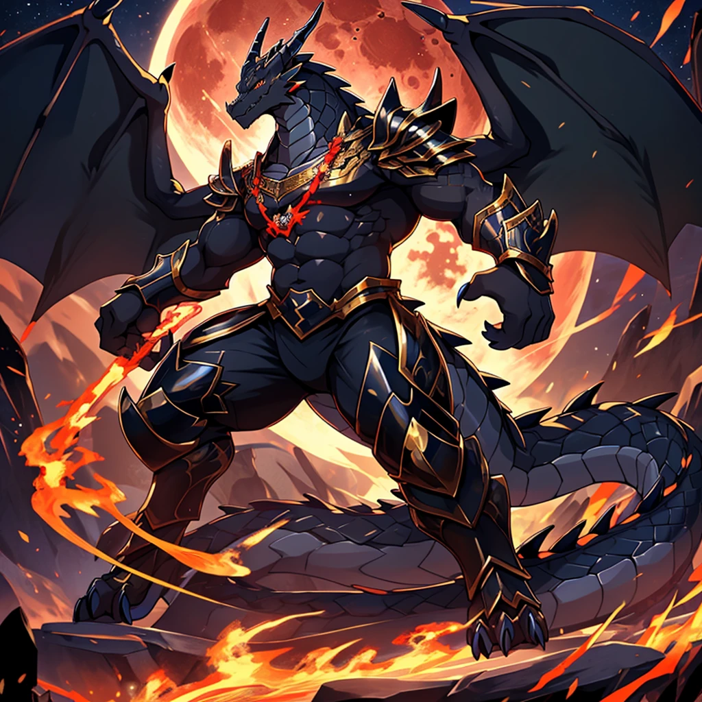(The violent and powerful Black Dragon King is possessed by the black and gold magic armor,The modern black-gold magic armor completely controlled the powerful Black Dragon King:55),(Broad dragon body,majestic wingspan,Sharp and huge dragon claws,thick dragon tail:2),The Black Dragon King is stout and huge.,Dragon legs are bent,(blue dragon flame:2),blood moon,overwhelming sense of presence,full body picture,Very detailed,4K HD