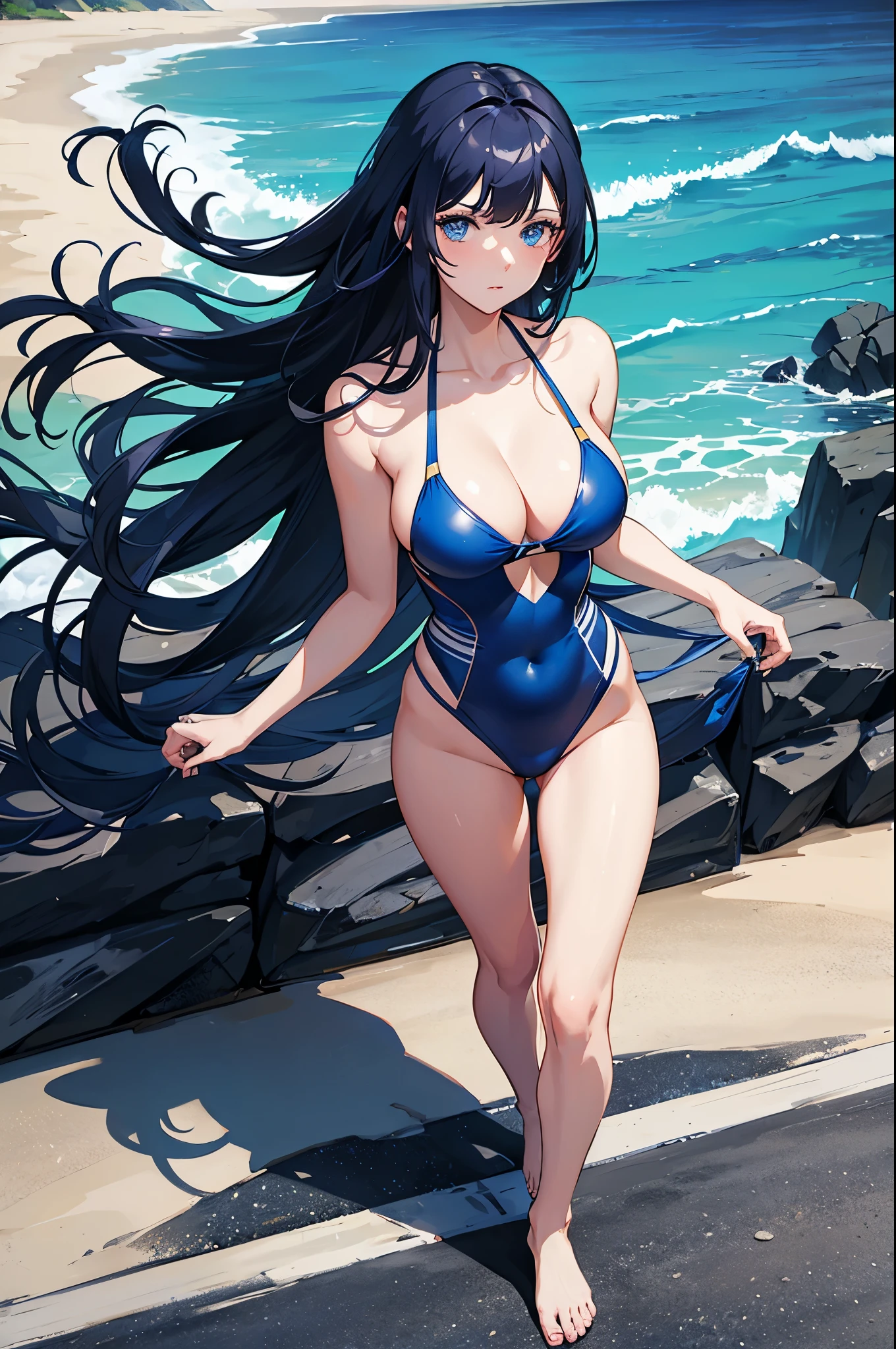 1woman, dark blue hair, long hair, blue eyes, swimsuit, beach, standing on ground, high res, ultra sharp, 8K, masterpiece