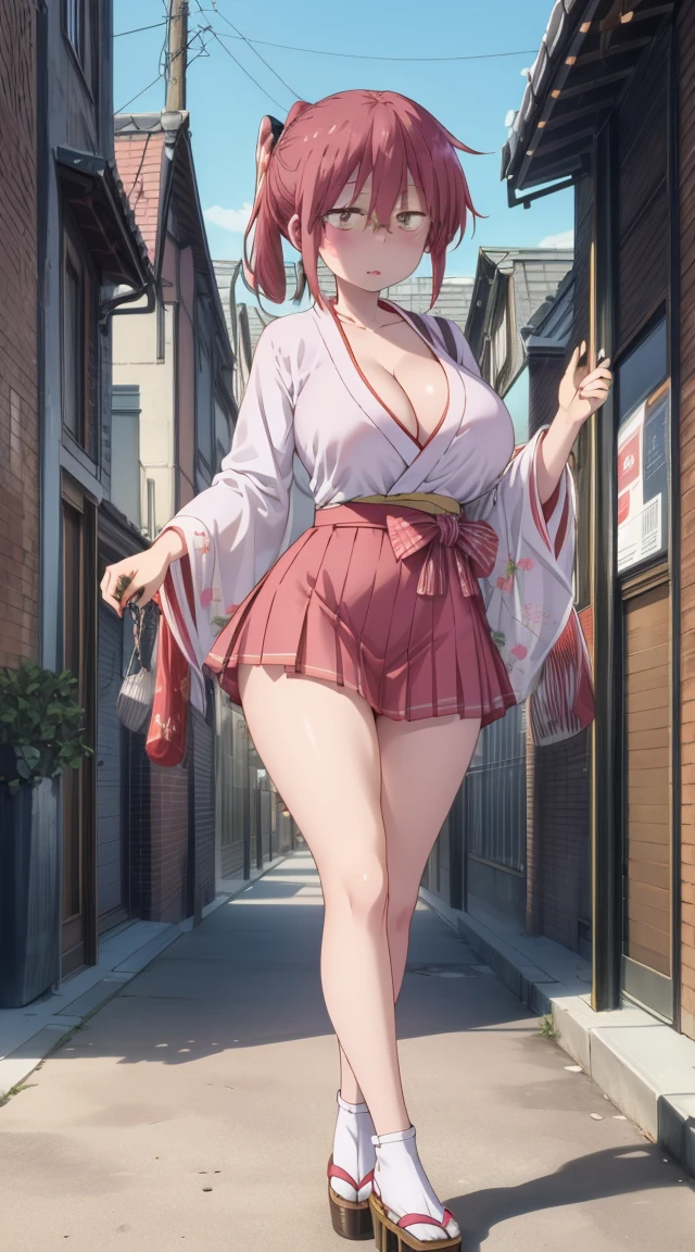 A girl wearing kimono , ecchi, milf, curvy, Osaka town, (large boobs:1.3), (cleavage view:1.3),erected nipples, spiky rainbow hair, Masterpiece, milf, onegai teacher, curvy, juicy cameltoe, Kyoto city background, yakuza style