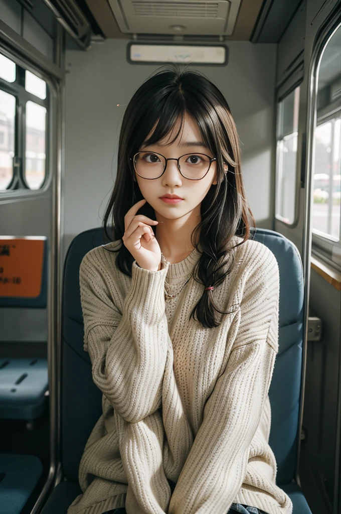 There were many people occupying the bus seats, among them, a woman dressed in a sweater and donning glasses. The school children, with their exaggerated expressions, were also present. One image featured a Korean girl captured on a Sony a7r camera. Another image showcased a Japanese goddess, with glasses perched on her nose, taken using a Canon 5d mk4. There was yet another photograph of school children with exaggerated expressions, taken using a Canon EOS 5d mark iv. All the images displayed intricate details, capturing the essence of each personality. The phenomenon of the bus was filled with the unique charm of individuals. Among them was a young girl, her face framed