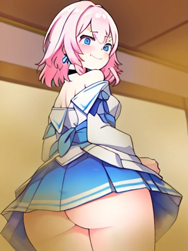 \(\(master piece\)\)、chest、beholderを見る、short hair、\(multicoloured_eyes:1.5\)、\(pink hair:1.8\)、bangs、blue eyes、\(Long Rock:1.4\)、\(ribbon earrings\)、masterpiece、最high quality、high quality、disorganized、shiny skin、colorful、dynamic pose、stunning art、best quality、Super detailed、dynamic angle、very detailed、Reflective hair、proper lighting、Ray tracing、Depth of bounds written、Super detailedな、An illustration、wonderful、fine details、very detailed、\(\(Super detailed\)\)、\(beautiful detailed girl\) 、beautiful detailed shine、intricate details、High resolution、very delicate and beautiful、beautiful detailed eyes、real、HDR、round eyes、detailed facial features、\(An illustration\)、\(beautiful detailed eyes\)、\(\(very detailed顔\)\)、Depth of bounds written、eyebrows visible through hair、frills、beholder、\(Upper body: 1.4\)、clothes reflecting light、\(skin light diffraction: 1.35\)、\(shiny skin: 1.55\)、\(iridescence effect: 1.55\)、clavicle、white shirt、long sleeve、choker、flower、blue camera、blue skirt、青いflower、\(indoor、potted plants: 1.5\)、critical angle、fart、blush、Satisfied smile、Gas comes out of the butt